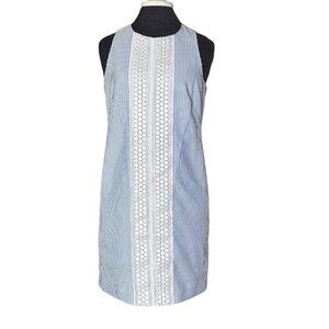 London Times Shift Dress Sz 6 Blue White Striped Seersucker Crochet Lace Trim